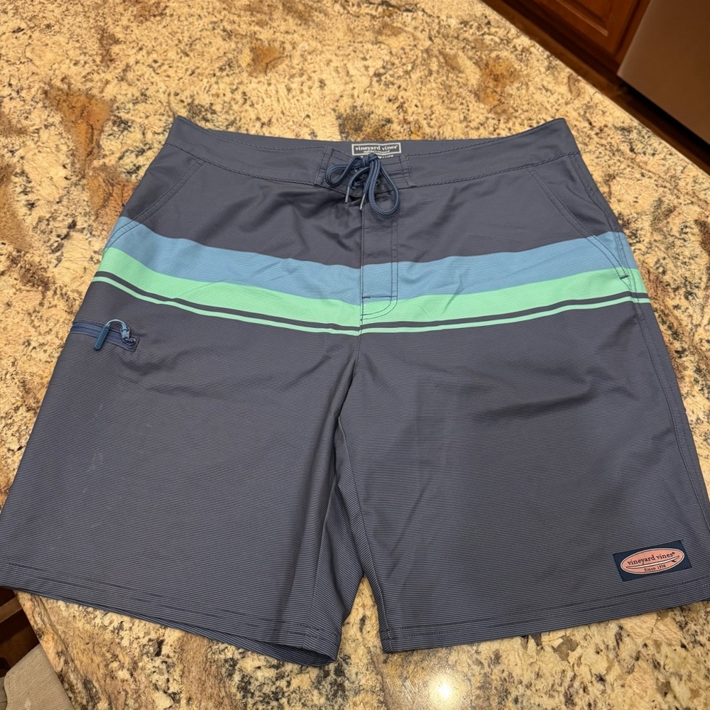 Vineyard Vines Navy Board Shorts with Aqua and Mint Stripes